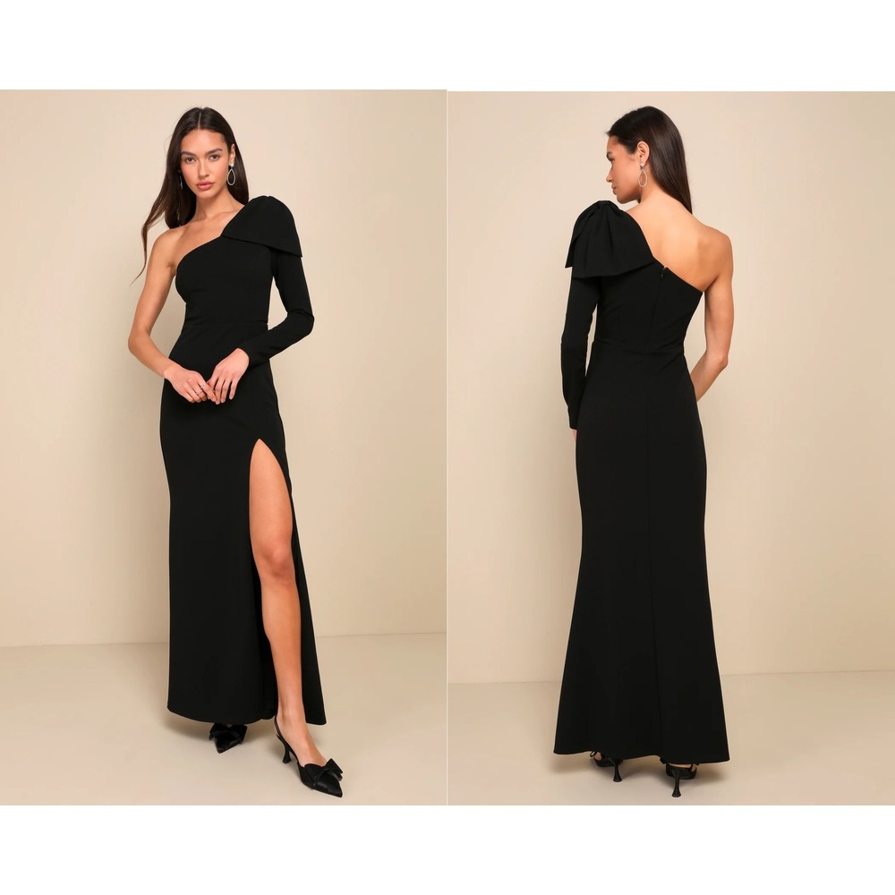 Lulus Sophisticated Poise Black Bow One-Shoulder Maxi Dress Size XS